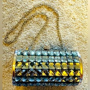 Vintage silver metal bag with checkerboard beaded sides and crystal snap clasp.